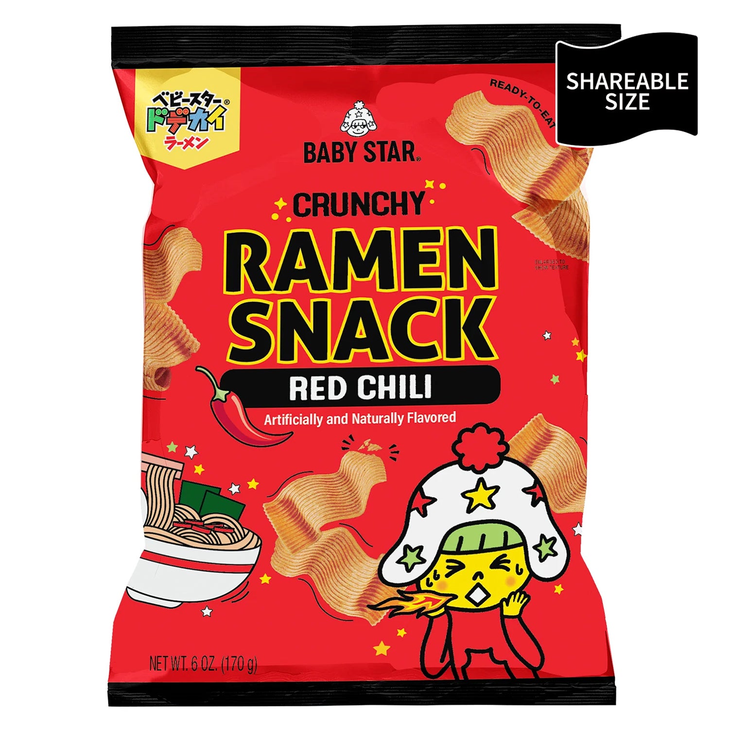 Baby Star Crunchy Ramen Snack Wide - Red Chili 6oz (6 Pack) Oyatsu